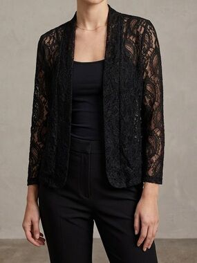 Debbie Shuchat Black Lace Open-Front‎ Cardigan Size 2